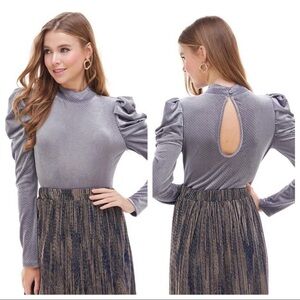 Gray Velvet Puff Sleeve Bodysuit w Silver Dot Design
